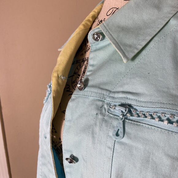 Quacker Factory Jeweled Raw Hem Distressed Blue Jean Denim Shirt Jacket Women S - Picture 8 of 10